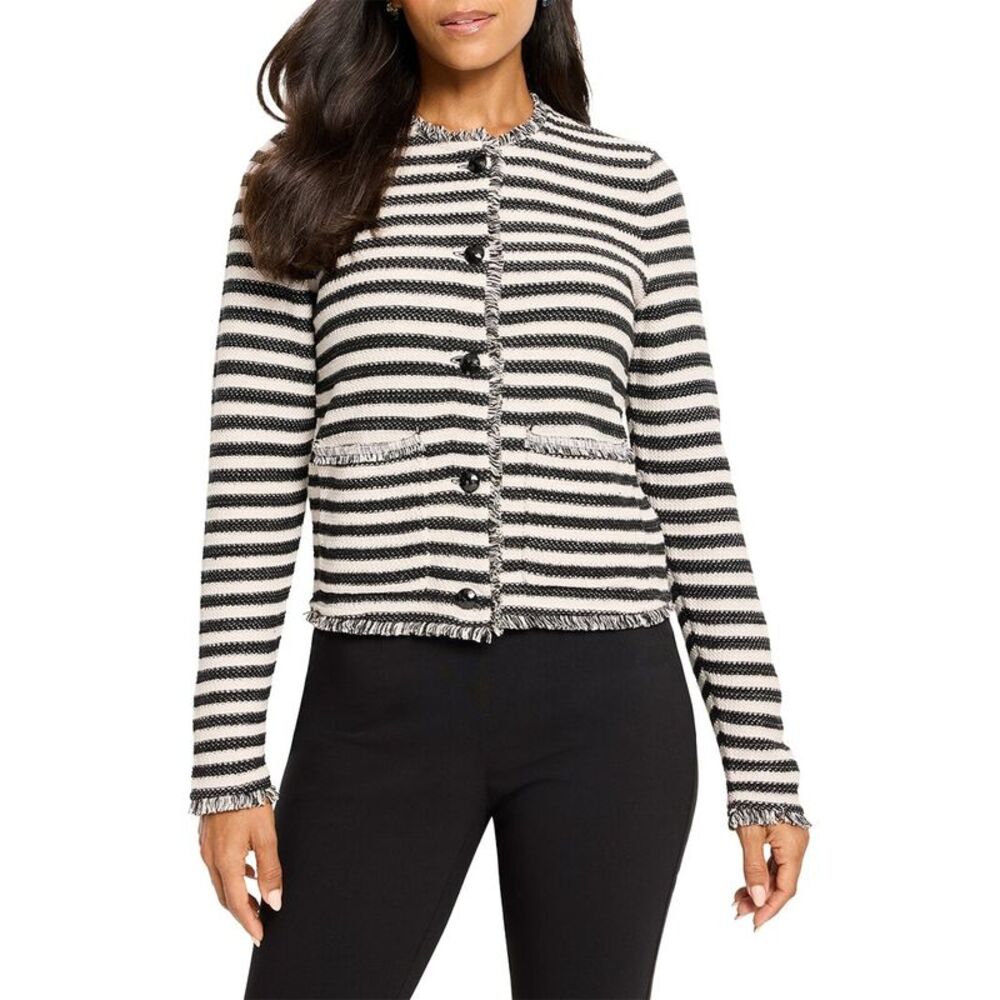 Nic+Zoe Womens Petite Striped Fringe Mix Femme Knit Linen-Blend Jacket